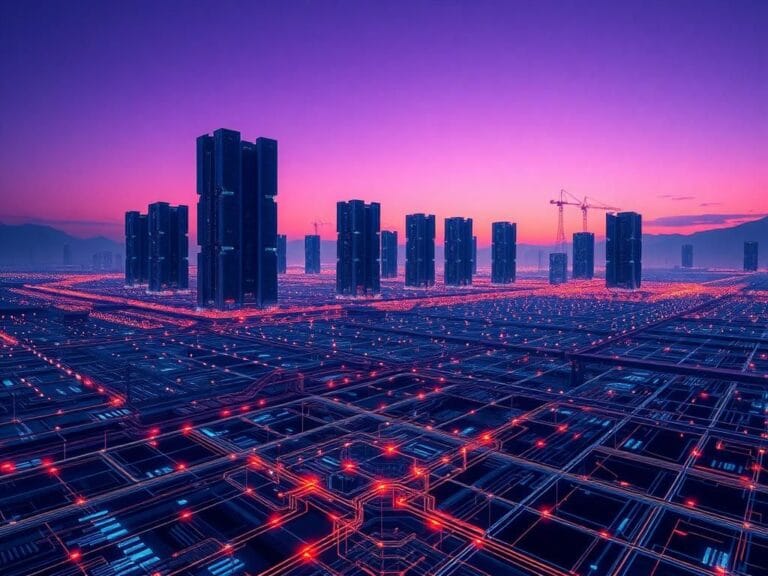 Flick International A sprawling futuristic landscape featuring massive AI superclusters and towering data centers at twilight.