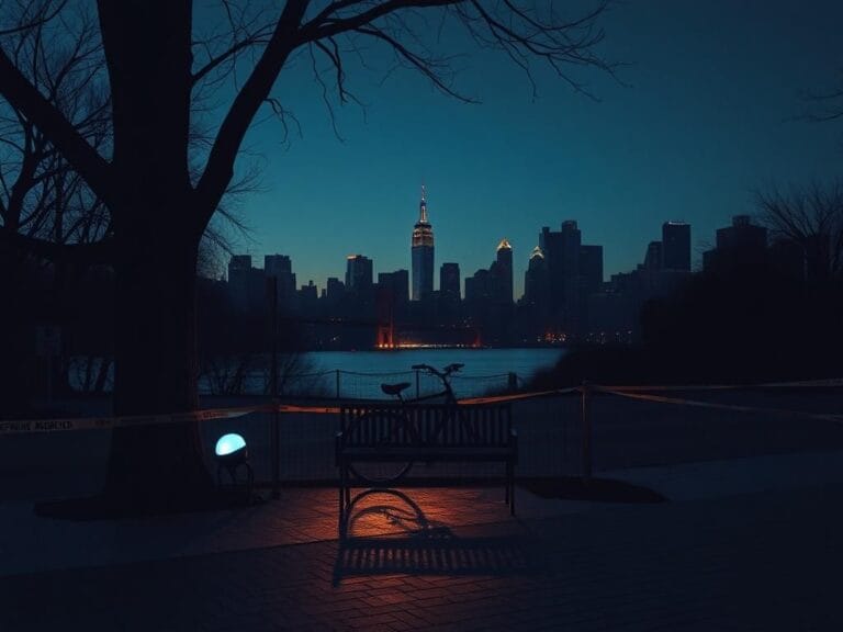 Flick International Silhouette of New York City skyline at dusk with Riverside Park in the foreground draped in caution tape