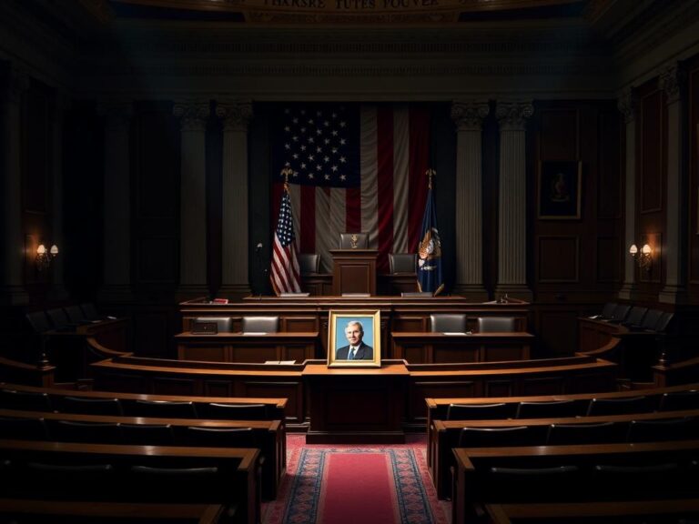 Flick International Empty seats in the U.S. House of Representatives chamber with American flag in the background