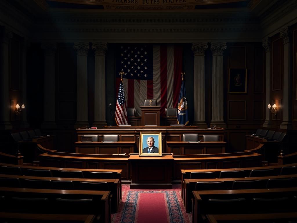 Flick International Empty seats in the U.S. House of Representatives chamber with American flag in the background