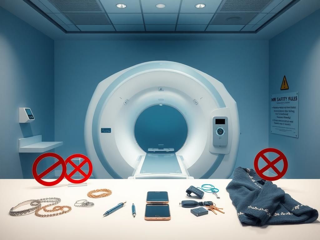 Flick International Interior of an MRI room with a large metallic MRI machine and prohibited items displayed