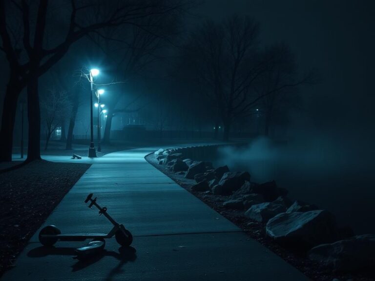 Flick International Dimly lit urban scene in New York City at night depicting a deserted park pathway