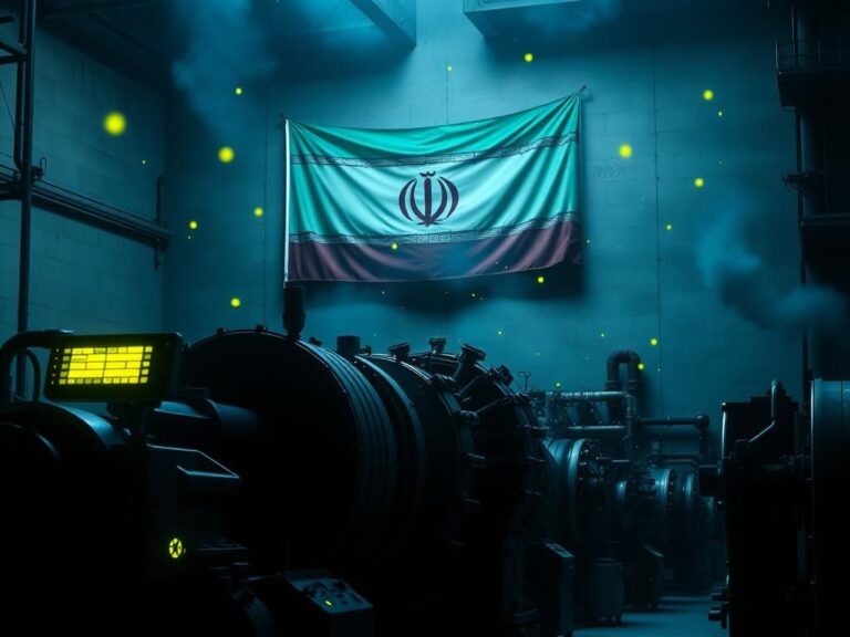 Flick International Dimly lit industrial setting featuring complex nuclear centrifuges with glowing control panels and an Iranian flag