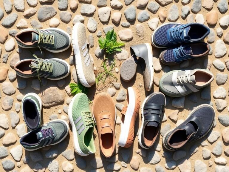 Flick International A flat lay of diverse walking shoes including sneakers, slip-ons, and sandals displayed on a textured cobblestone backdrop.