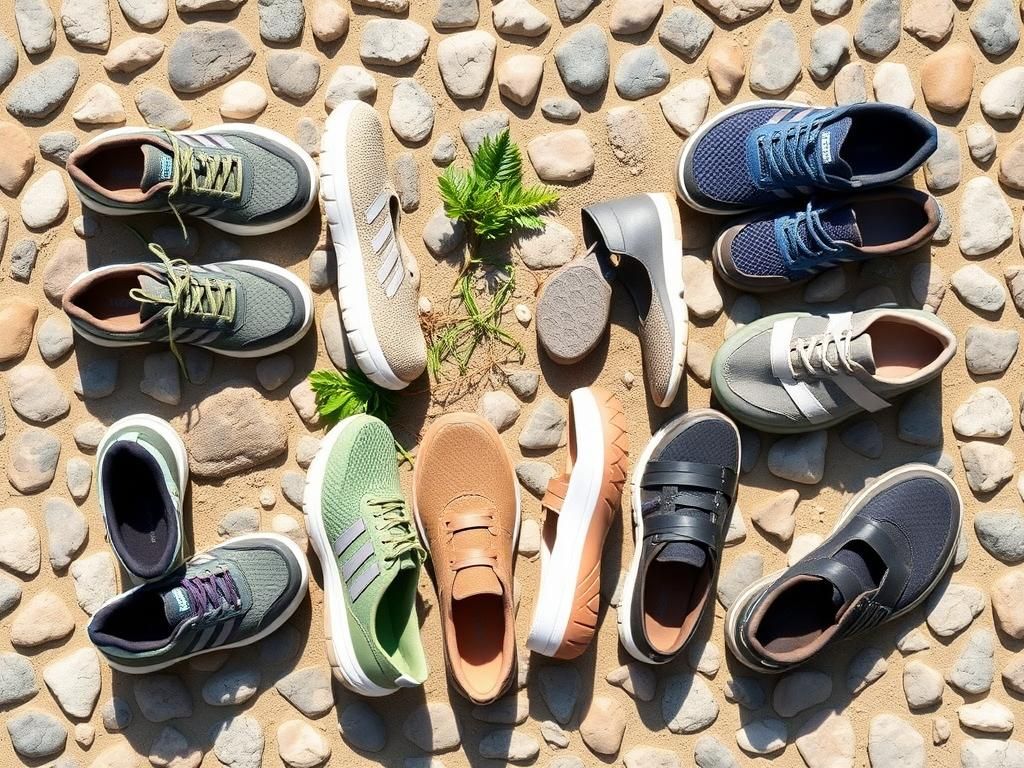 Flick International A flat lay of diverse walking shoes including sneakers, slip-ons, and sandals displayed on a textured cobblestone backdrop.