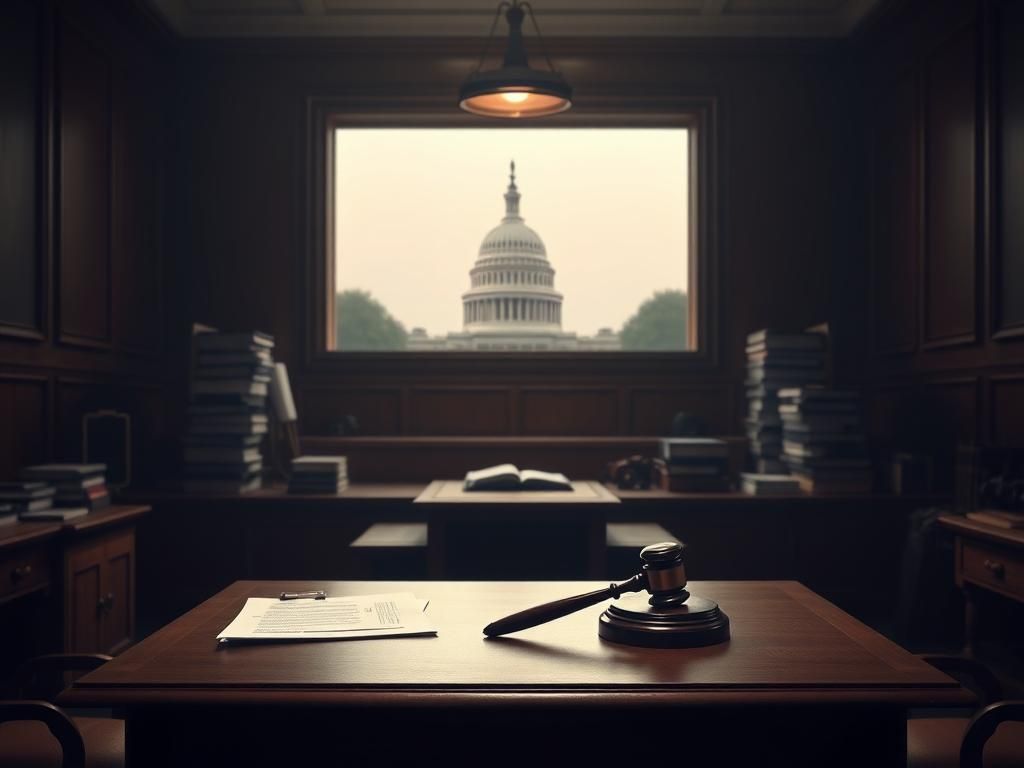 Flick International Dimly lit courtroom with empty witness stand and legal documents