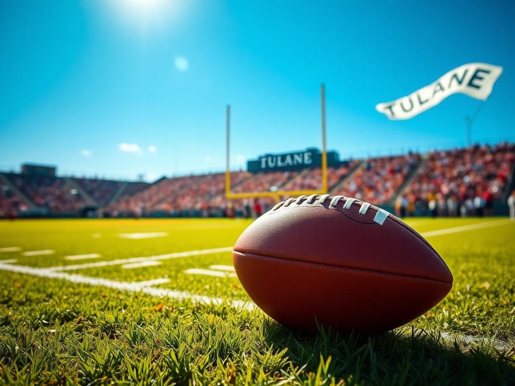 Flick International A vibrant college football scene at Tulane University with a football on the grass and cheering fans in the background