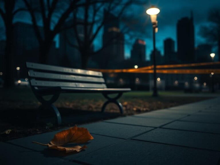 Flick International Empty park bench at dusk with a fallen leaf, symbolizing loss and silence