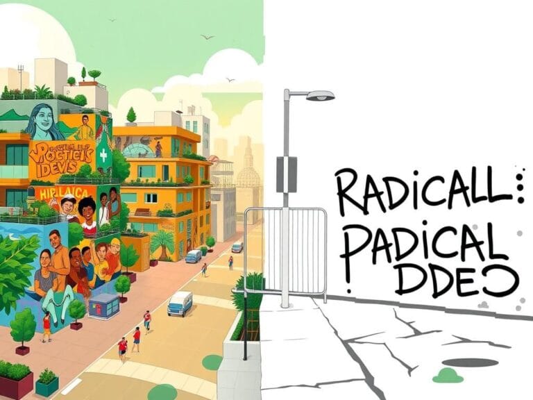 Flick International A split scene depicting contrasting urban landscapes illustrating progressive ideals and societal challenges