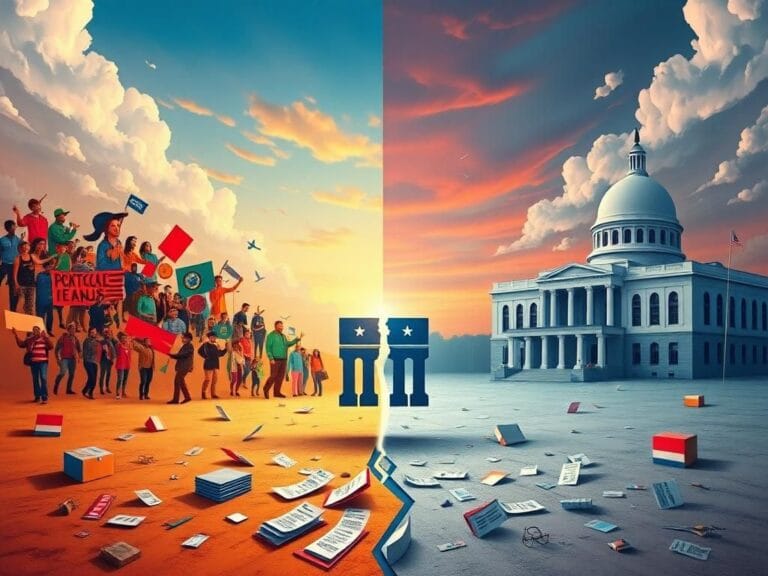 Flick International A split landscape illustrating the internal division of the Democratic Party with vibrant progressive and muted moderate factions.