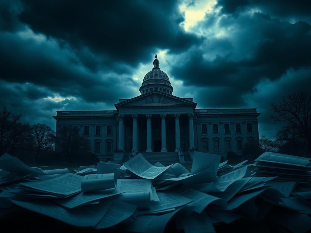 Flick International Dark, atmospheric depiction of a shadowy government building enveloped in storm clouds