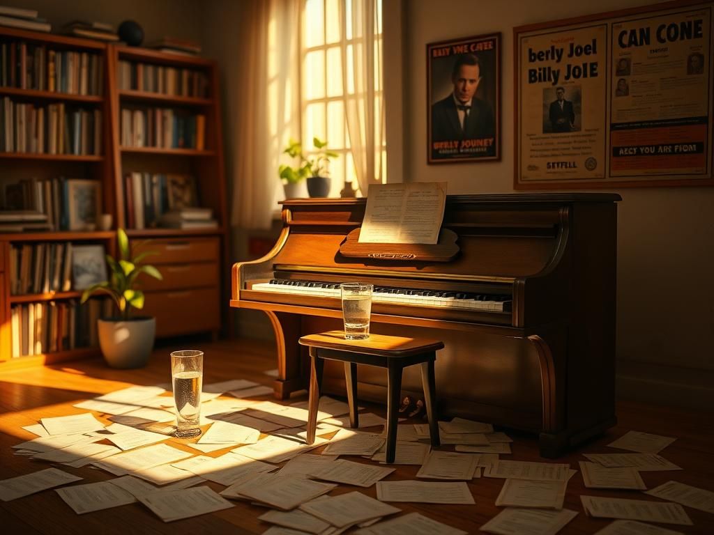 Flick International A vintage piano in a softly lit room surrounded by scattered sheet music