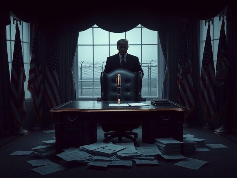 Flick International Abstract representation of a presidential office with ornate desk and shadowy silhouette symbolizing authority