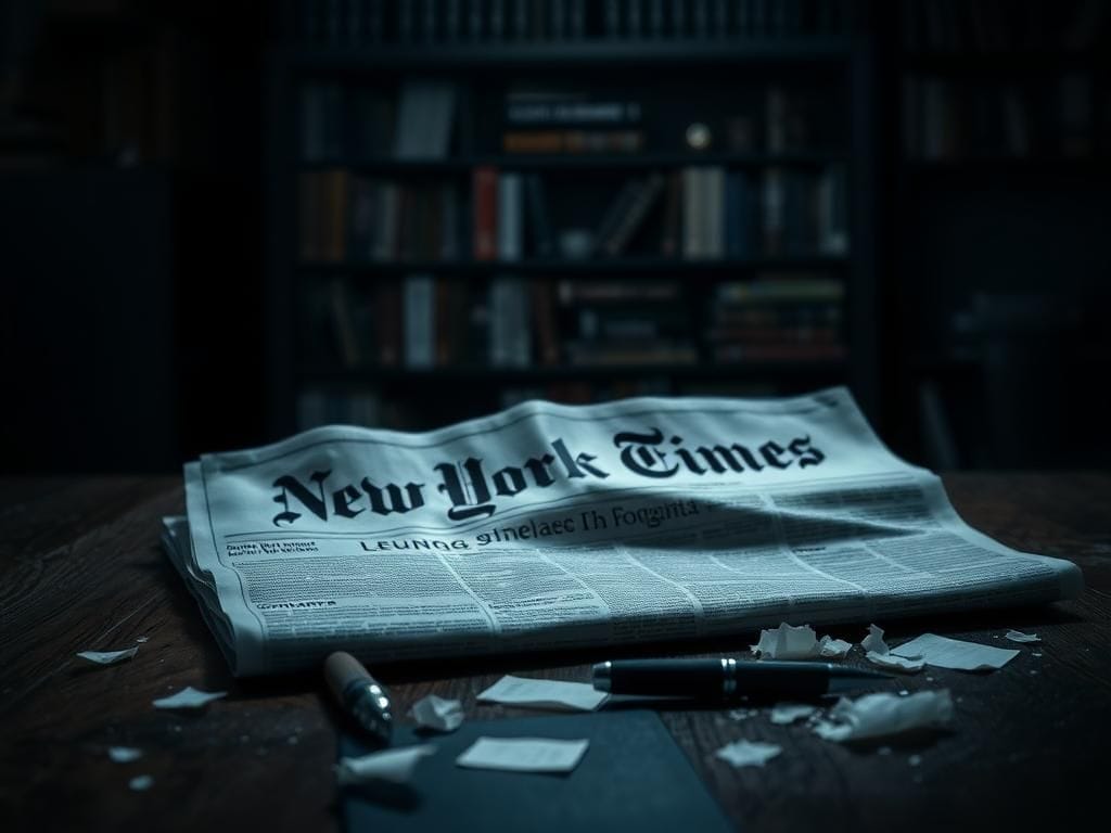 Flick International A dimly lit room with a crumpled New York Times newspaper and scattered notes