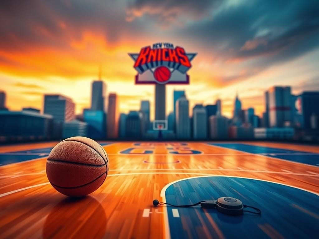 Flick International Abstract representation of a basketball court with New York Knicks colors against the NYC skyline