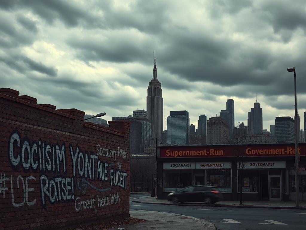 Flick International Moody skyline of New York City under an overcast sky, depicting political graffiti and urban decay.