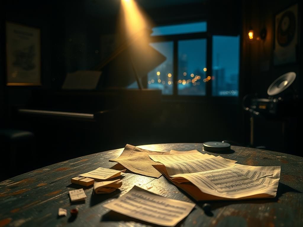 Flick International Dimly lit café stage featuring an old grand piano with crumpled sheets of music and a microphone shadow