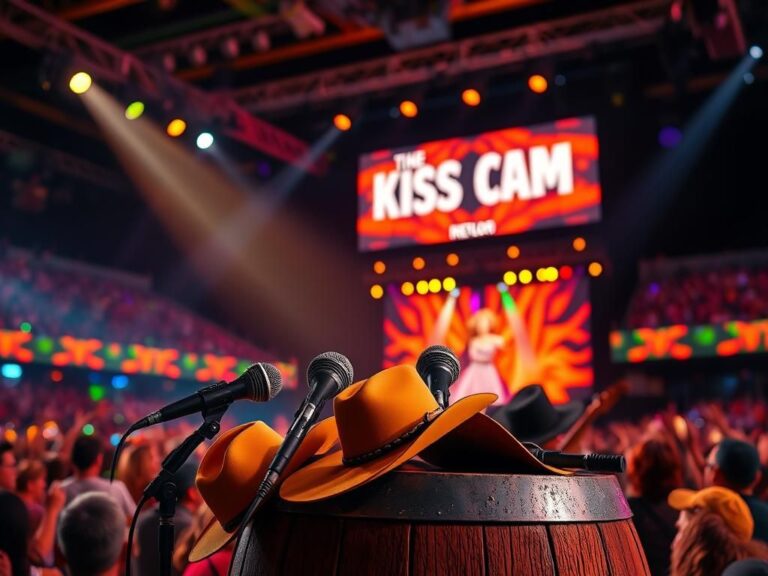 Flick International Colorful concert scene featuring vintage microphones and cowboy hats symbolizing country music