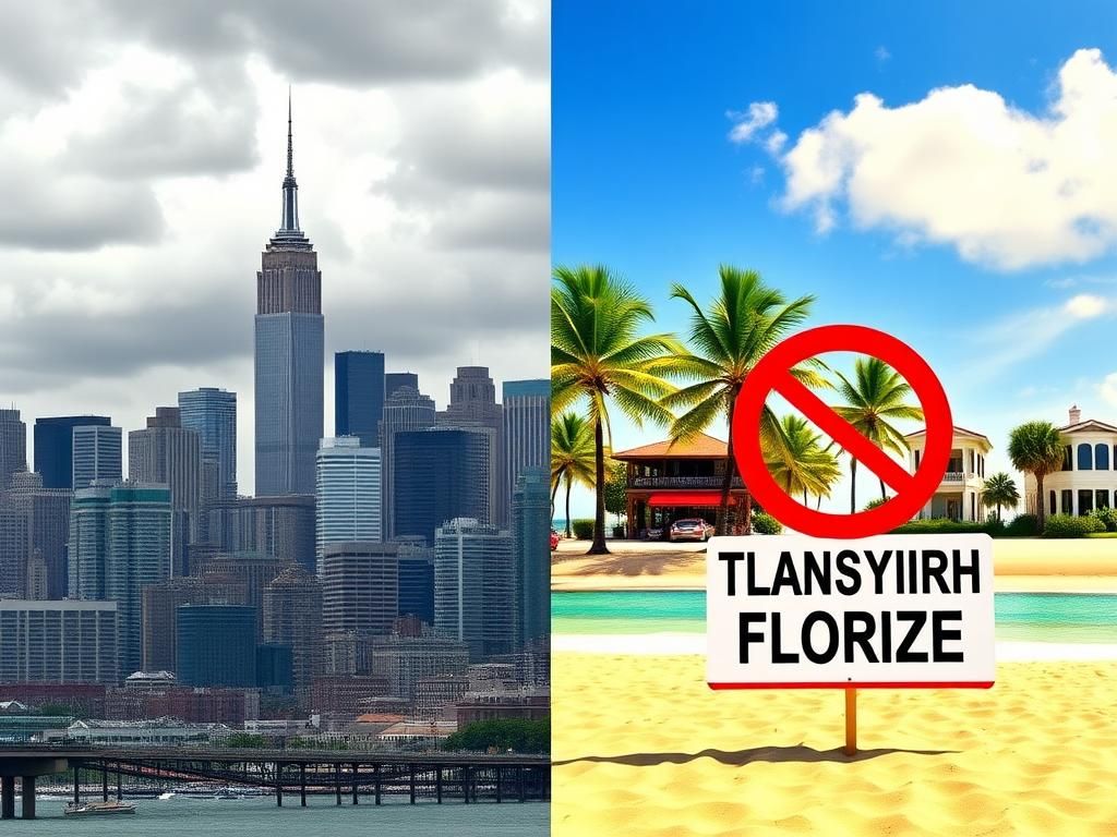 Flick International Cityscape contrast between New York and Florida with political themes