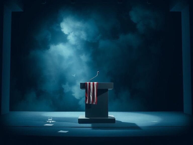 Flick International Dimly lit debate stage with an empty podium and an American flag backdrop
