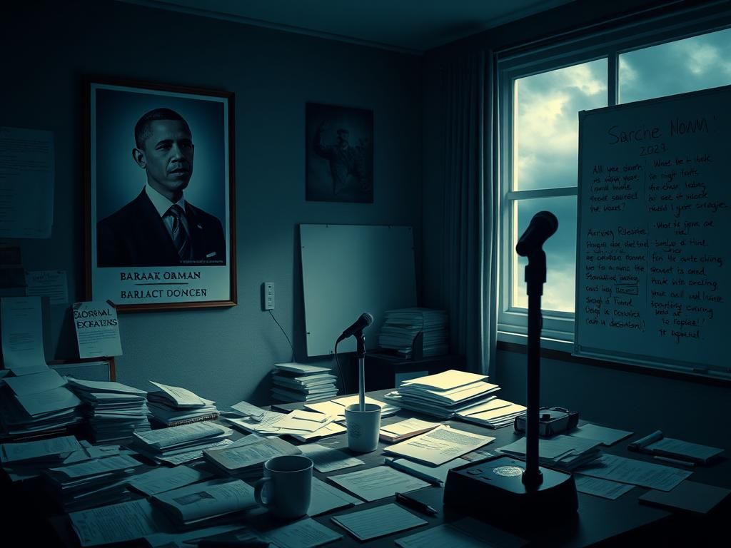 Flick International Dimly lit political office with a disheveled desk and campaign materials