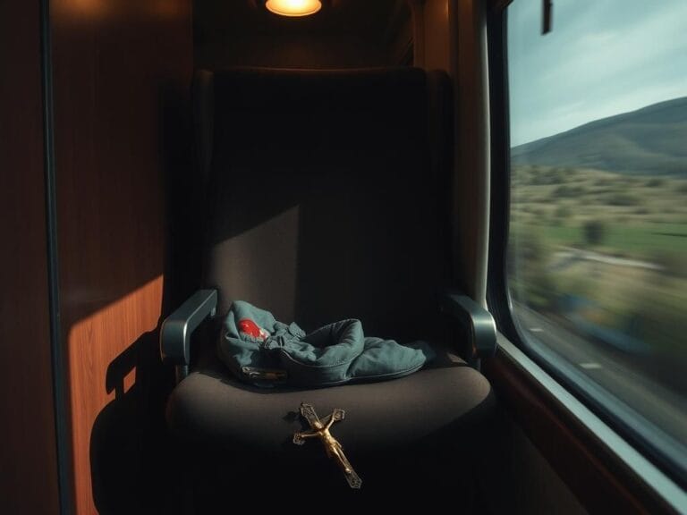 Flick International A dimly lit train compartment with an abandoned seat and a travel bag, indicating a hurried departure after an attack