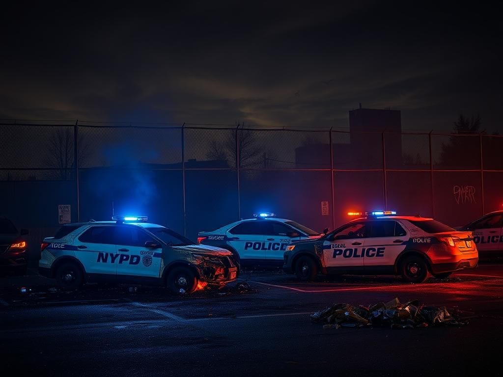 Flick International A nighttime scene showing charred and burnt NYPD vehicles in a police parking lot.