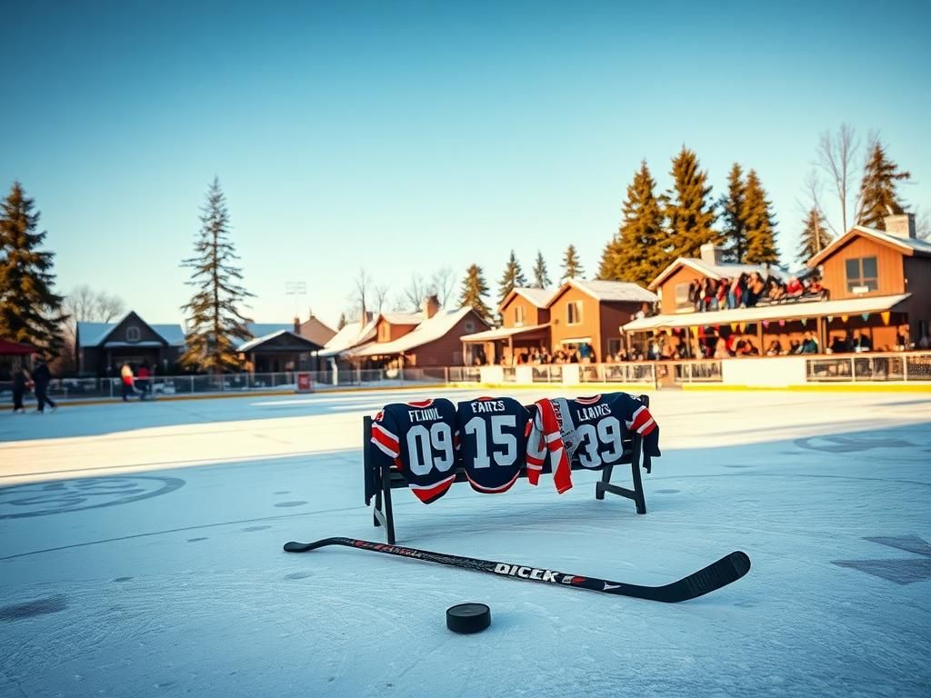 Flick International Snowy outdoor hockey rink featuring Connor McDavid and Leon Draisaitl at a beer league game
