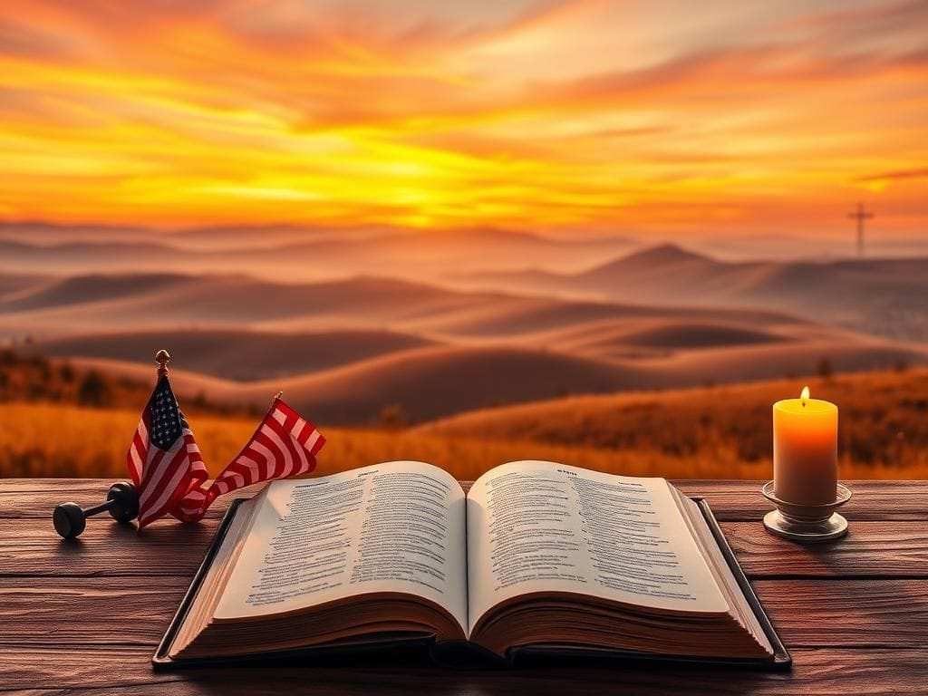 Flick International Open Bible on a wooden table with a golden hour sky in the background symbolizing faith and unity