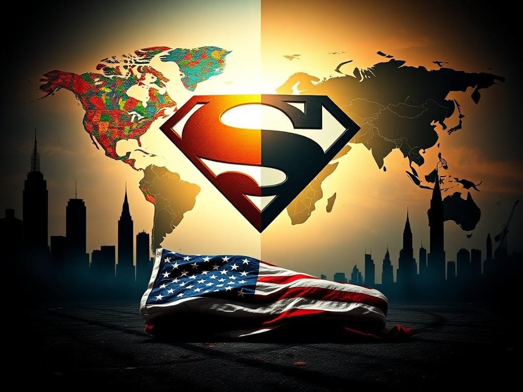 Flick International Surreal landscape featuring a large superhero emblem against a divided world map illustrating cultural perceptions