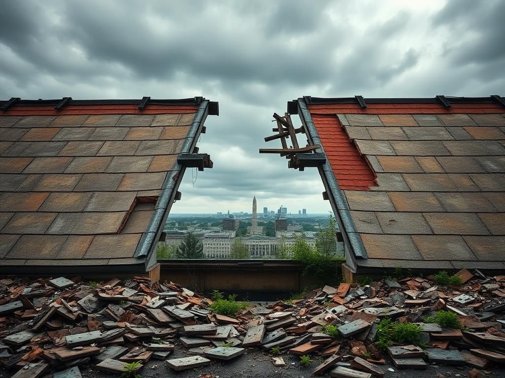 Flick International Dilapidated roof of a large government building with broken tiles and debris