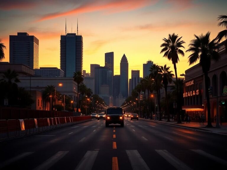 Flick International Twilight skyline of Los Angeles with empty streets and protest remnants