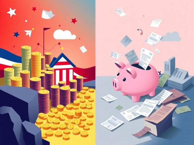 Flick International A split-image showing contrasting fundraising dynamics of the Republican and Democratic parties with symbols of prosperity and chaos.