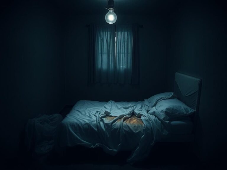 Flick International Dark, unsettling room with an unmade bed and crumpled tarp on the floor