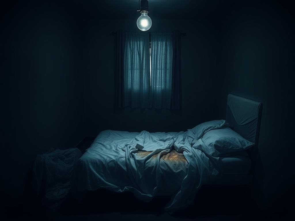 Flick International Dark, unsettling room with an unmade bed and crumpled tarp on the floor