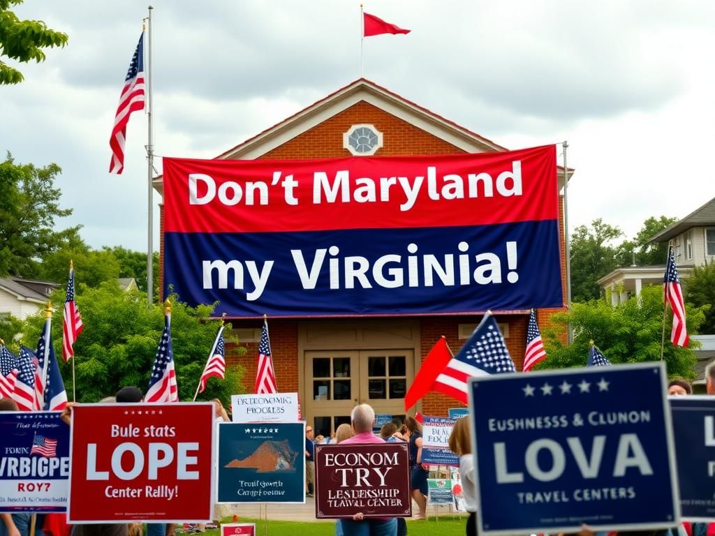 Flick International Vibrant outdoor political rally with a large banner reading 'Don't Maryland my Virginia!' in red, white, and blue colors.