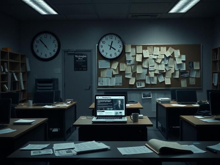 Flick International Dimly lit newsroom with empty desks and a laptop showing Washington Post headlines