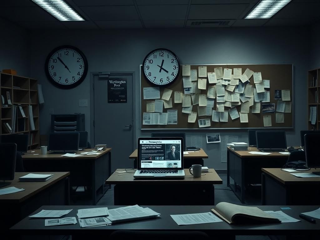 Flick International Dimly lit newsroom with empty desks and a laptop showing Washington Post headlines