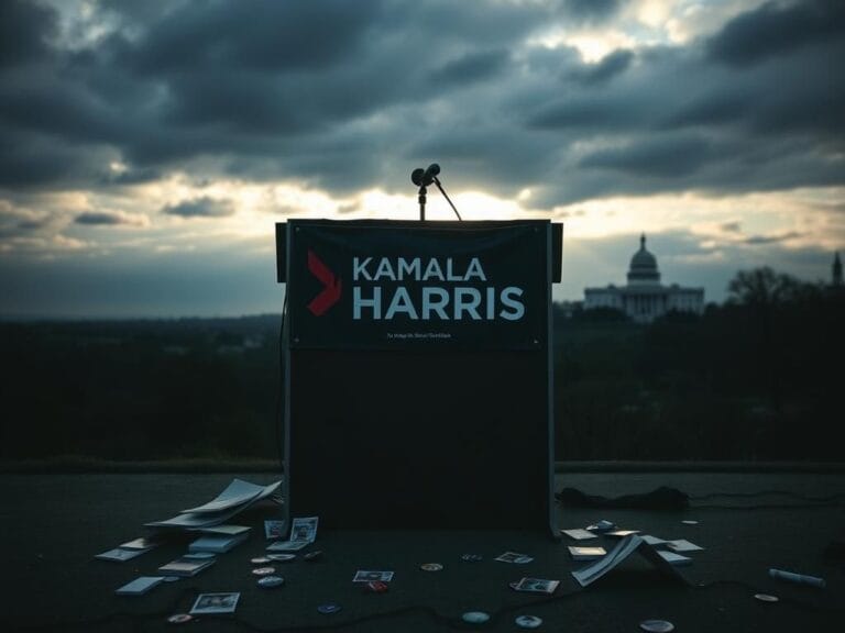 Flick International Empty campaign podium with Harris logo against a cloudy sky