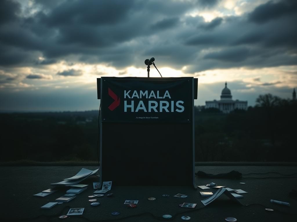 Flick International Empty campaign podium with Harris logo against a cloudy sky