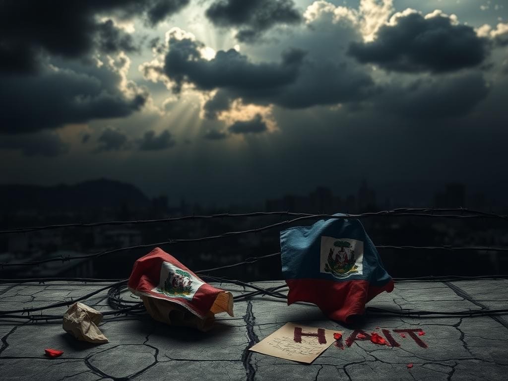 Flick International Somber silhouette of Port-au-Prince, Haiti, with barbed wire and fragmented flags representing conflict