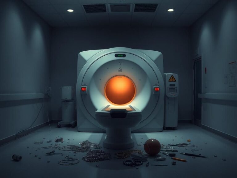 Flick International A dimly lit MRI room featuring a large MRI machine surrounded by metallic hazards