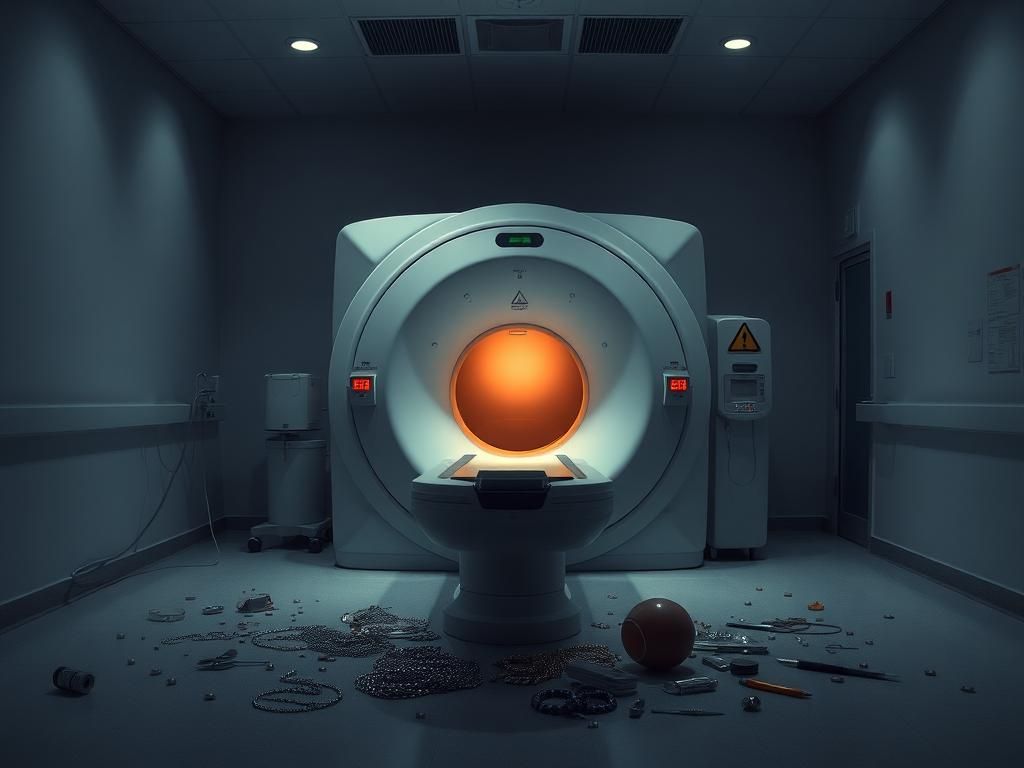 Flick International A dimly lit MRI room featuring a large MRI machine surrounded by metallic hazards