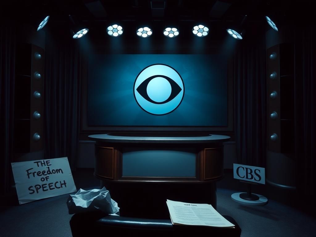 Flick International Dimly lit television studio featuring an empty late-night talk show desk with a faded CBS logo and crumpled script