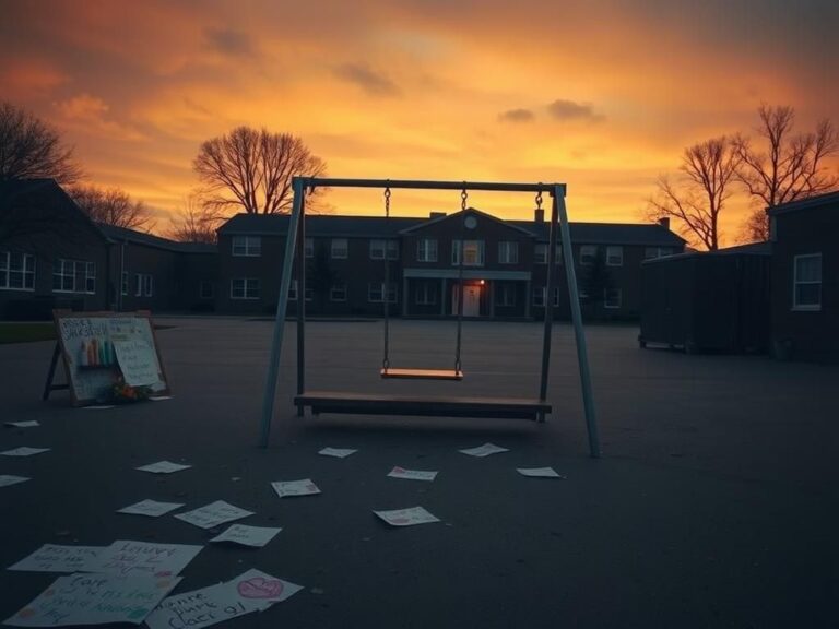 Flick International Empty school swing set in a courtyard at sunset symbolizing loss and absence