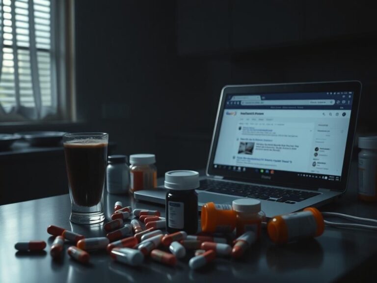 Flick International Dimly lit kitchen counter with a glass of dark liquid, prescription pill bottles, and a laptop showing search results for undetectable poisons.