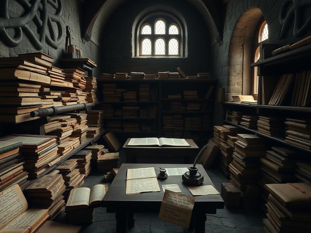 Flick International Ancient monastery study with medieval manuscripts and monk doodles