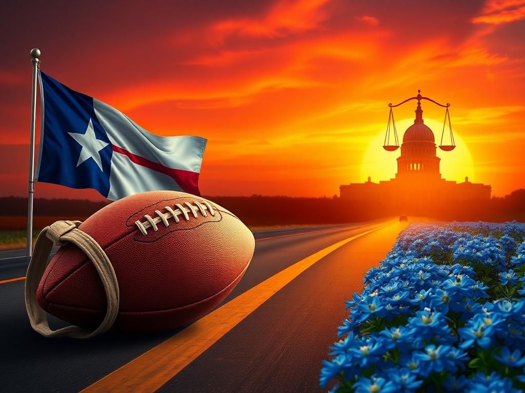 Flick International Texas landscape with a highway representing opportunity and justice, featuring a football and work gloves symbolizing Colin Allred's background.