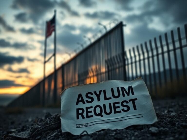 Flick International A somber border wall at dusk with a crumpled asylum request document in the foreground