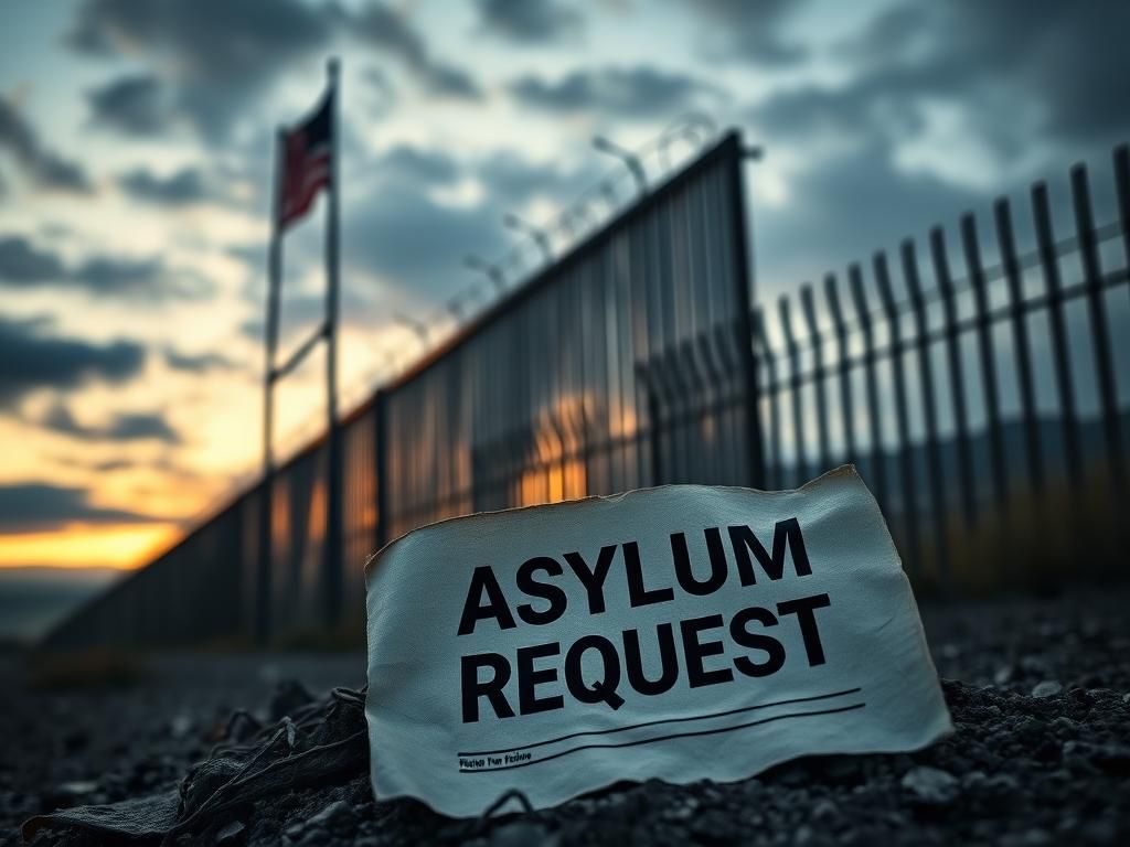 Flick International A somber border wall at dusk with a crumpled asylum request document in the foreground